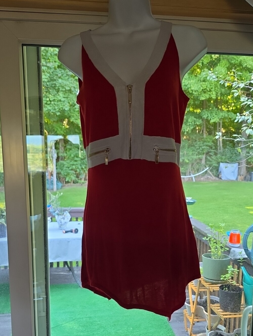 VENUS Red Tank Dress with Cream Trim and Front Zips